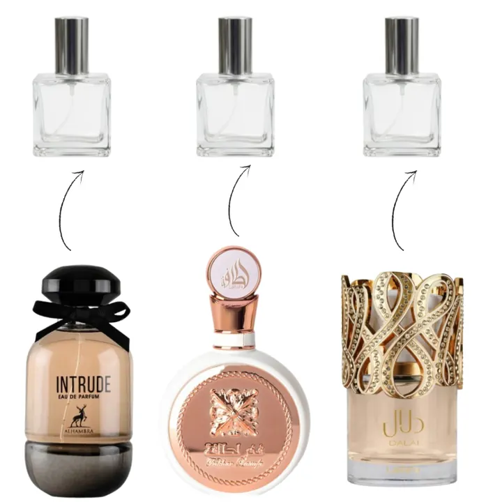Combo Afrodisíaco: decants de Fakhar Rose, Dalal e Intrude