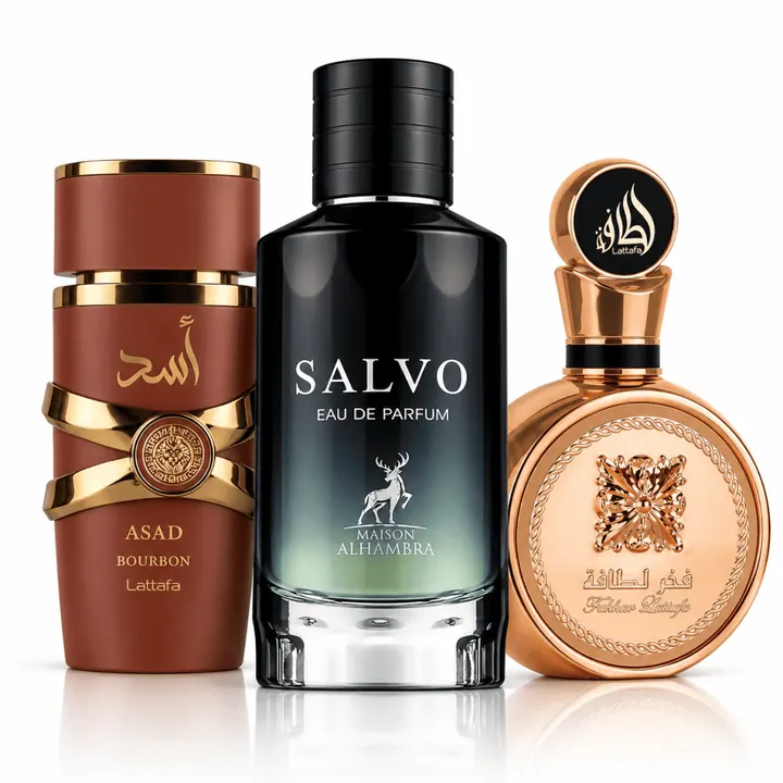 Combo Masculinos Baladeiros: decants de Asad Bourbon, Fakhar Gold e Salvo