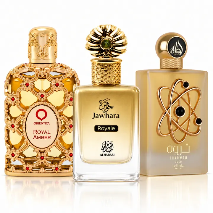 Combo Fixa no Osso: decants de Tharwah Gold, Royal Amber e Jawhara Royale