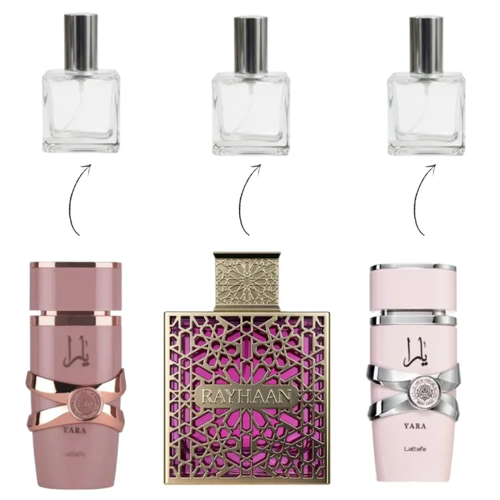Combo Formiguinha: decants de Yara Rosa, Yara Elixir e Rhayann Kiss